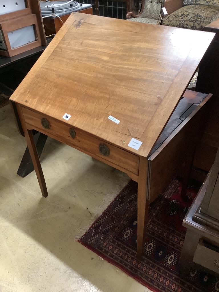 A George III mahogany drop flap writing table, rising mechanism, width 74cm depth 53cm height 67cm